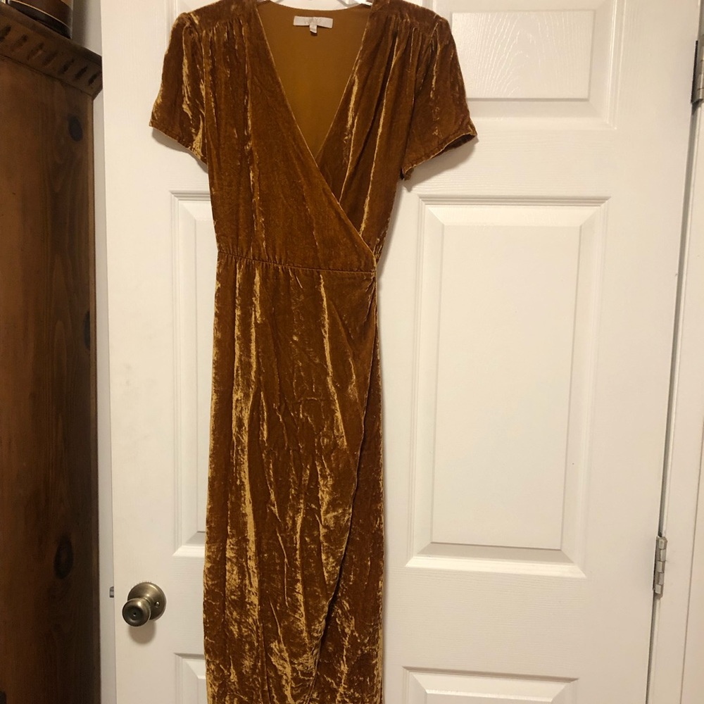 Vintage 70s Vibe Faux Velvet Mustard Midi Dress M